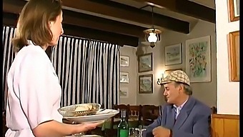French Brunette Enjoys A Threesome In A Restaurant With An Amateur Voyuer